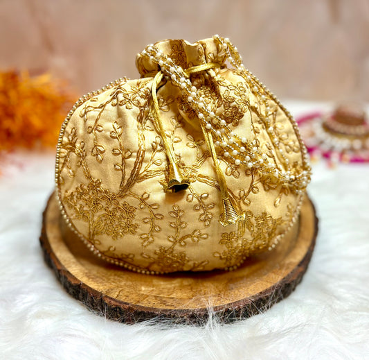 Golden Beige Embroidered Potli with Pearl Handle