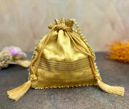 Golden Beige Brocade Potli with Pearl Handle