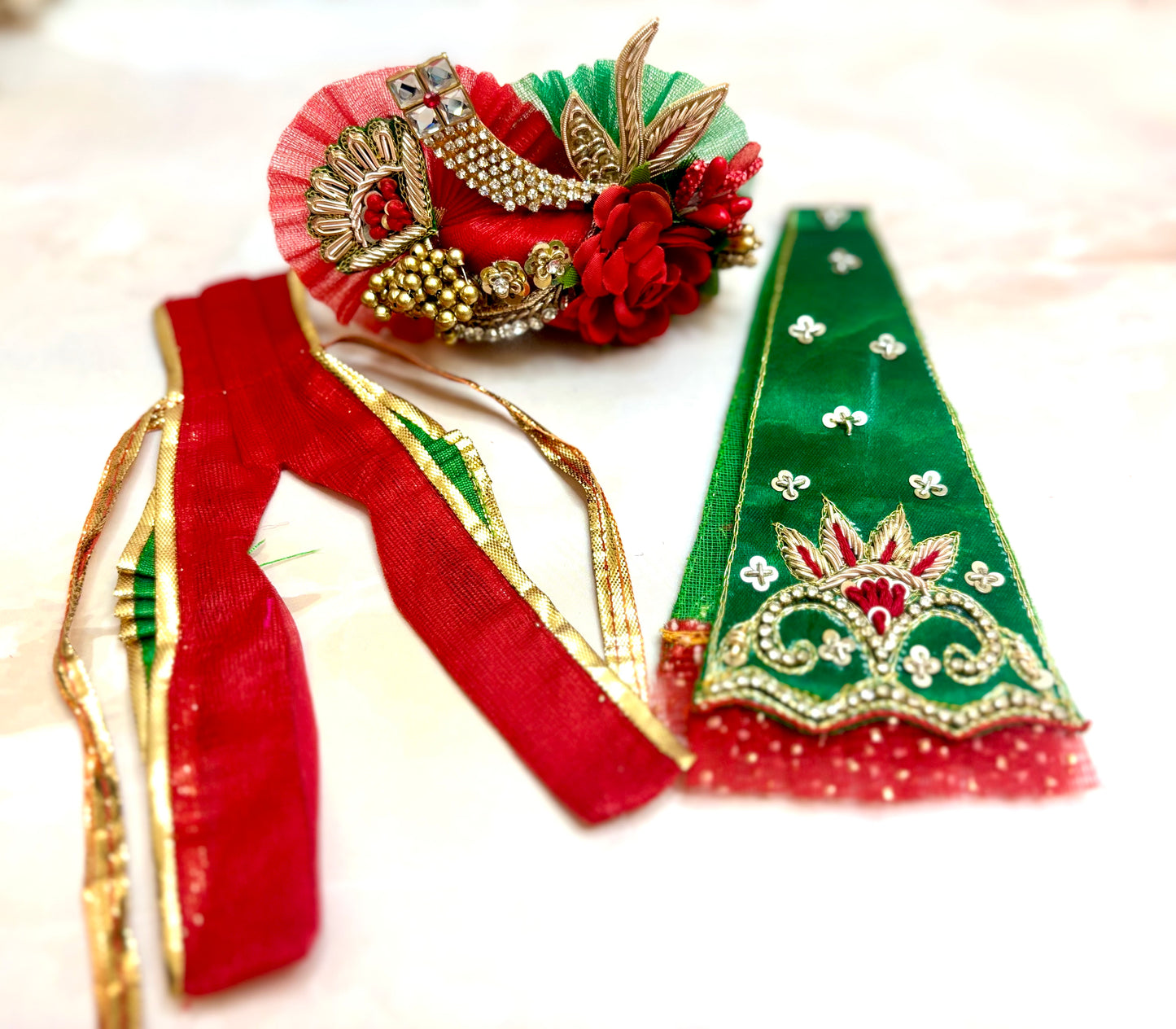 Luxe- Haathi Godha Palki - Green & Red Hand embroidered Laddu Gopal Dress (4 piece set)