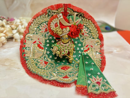 Luxe- Haathi Godha Palki - Green & Red Hand embroidered Laddu Gopal Dress (4 piece set)