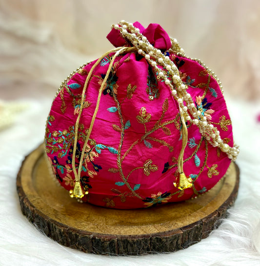 Hot Pink Flower Potli with Pearl Handle