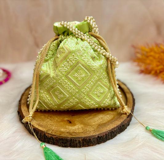 Light Green Lucknowi Potli with Pearl Handle