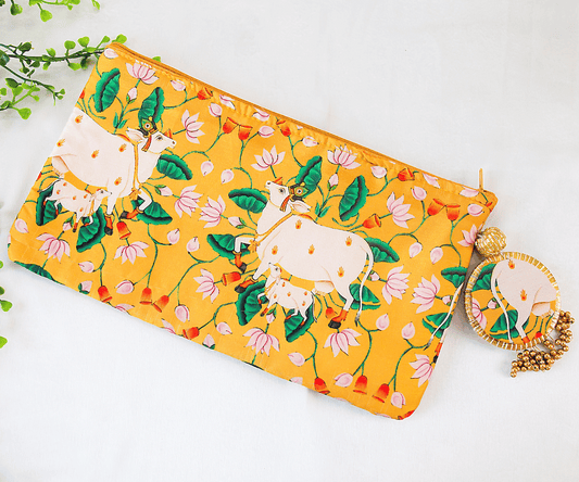 Yellow Cow Pichwai Silk Zip Bags